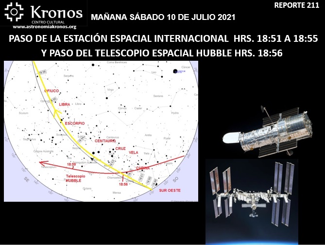 REPORTE #211 – MAÑANA SÁBADO 10 DE JULIO – PASO DE LA ISS Y PASO DEL TELESCOPIO ESPACIAL HUBBLE HRS. 18:51 Y 18:56
