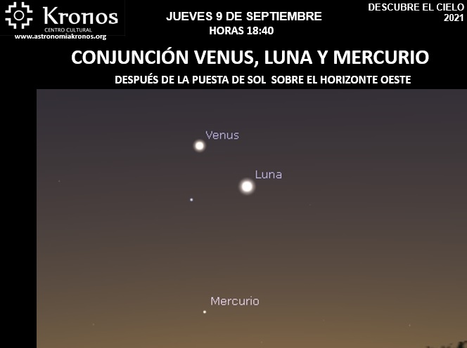 DESCUBRE EL CIELO – MAÑANA 9 DE SEPTIEMBRE – CONJUNCIÓN VENUS, LUNA Y MERCURIO - HRS. 18:40