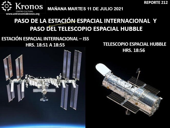 REPORTE #212 – MAÑANA MARTES 11 DE JULIO PASO ESTACIÓN ESPACIAL INTERNACIONAL Y PASO DEL TELESCOPIO ESPACIAL HUBBLE– HRS. 18:51 A 18:56