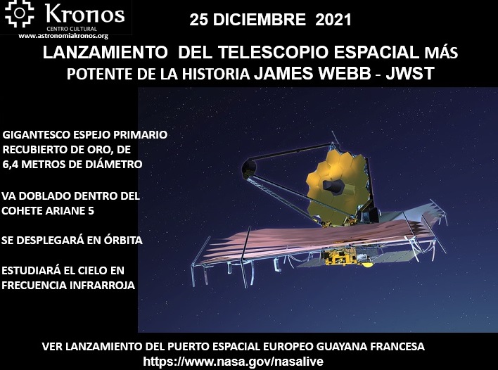 LANZAMIENTO  DEL TELESCOPIO ESPACIAL MÁS POTENTE DE LA HISTORIA JAMES WEBB - JWST – 25 DE DICIEMBRE DE 2021