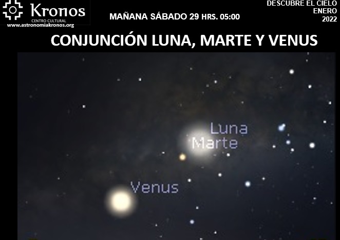 DESCUBRE EL CIELO – MAÑANA SÁBADO 29 ENERO – HRS. 05:00 – CONJUNCIÓN LUNA, MARTE Y VENUS
