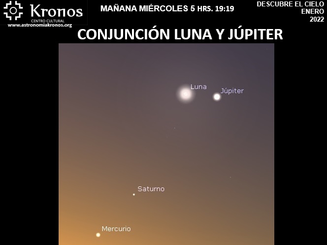 DESCUBRE EL CIELO – MAÑANA MIÉRCOLES 5 ENERO – HRS. 19:19 - CONJUNCIÓN LUNA Y JÚPITER