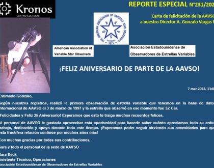 REPORTE ESPECIAL #231 – FELICITACIÓN DE AMERICAN ASSOCIATION OF VARIABLE STAR OBSERVERS AAVSO A NUESTRO DIRECTOR A. GONZALO VARGAS B. – MARZO 2022