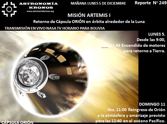 REPORTE #249 – MAÑANA 5 DE DICIEMBRE - TRANSMISIÓN MISIÓN ARTEMIS I NASA – CÁPSULA ORIÓN - HORAS PARA BOLIVIA DESDE 9:00, 11:43 ENCENDIDO DE MOTORES RETORNO A TIERRA