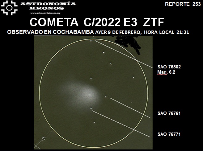REPORTE #253 – COMETA C/2022E3 ZTF OBSERVADO EN COCHABAMBA AYER 9 DE FEBRERO,  HORA LOCAL  21:31