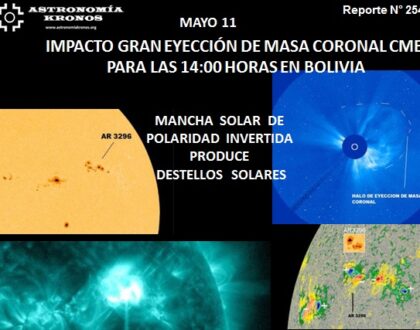 REPORTE #254 – MAÑANA 11 DE MAYO, HRS. 14:00 EN BOLIVIA -  IMPACTO GRAN EYECCIÓN DE MASA CORONAL CME