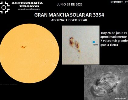 REPORTE #257 – GRAN MANCHA SOLAR     AR 3354 ADORNA EL DISCO SOLAR - 7 VECES EL TAMAÑO DE LA TIERRA - FOTOGRAFÍA LOGRADA HOY 28 DE JUNIO DE 2023, HRS.  13:15 T.U.