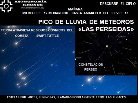 DESCUBRE EL CIELO – PICO LLUVIA DE METEOROS "LAS PERSEIDAS" – AGOSTO, MEDIANOCHE DEL MIÉRCOLES 12 HASTA EL AMANECER DEL JUEVES 13