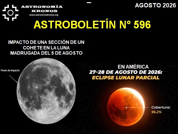 ASTROBOLETÍN # 596 - IMPACTO LUNA - MADRUGADA 5 AGOSTO Y ECLIPSE PARCIAL DE LUNA 27 Y 28 AGOSTO DE 2026