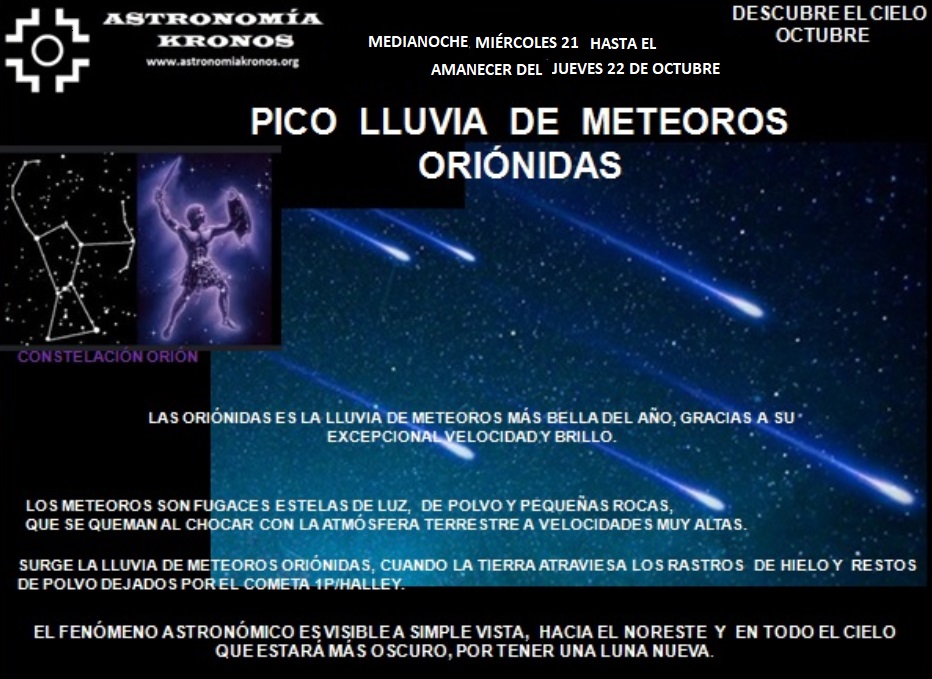 DESCUBRE EL CIELO – PICO LLUVIA DE METEOROS ORIÓNIDAS – EN OCTUBRE MEDIANOCHE DEL MIÉRCOLES 21, HASTA EL AMANECER DEL JUEVES 22